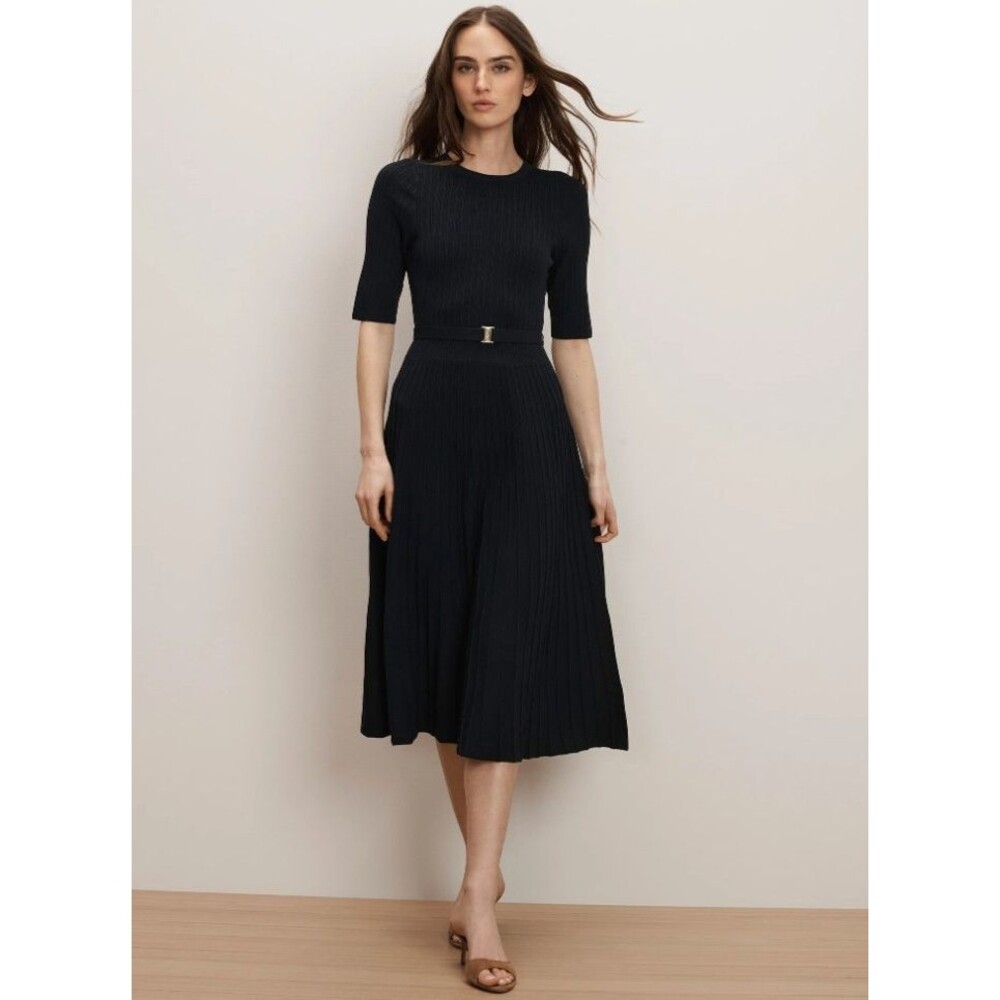 NWT Veronica Beard Elthea Navy Belted Rib Midi Knit Dress Short Sleeve L $498